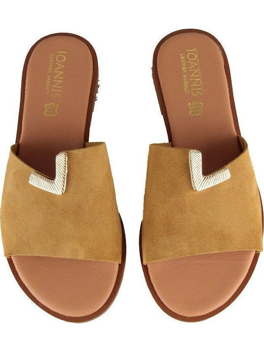 Leather Women's Flat Sandals in Beige Color