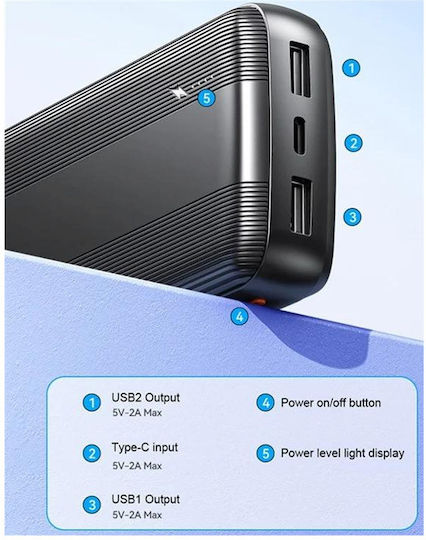WK WP-86 Raython Series Power Bank 10000mAh με 2 Θύρες USB-A και Θύρα USB-C Μαύρο