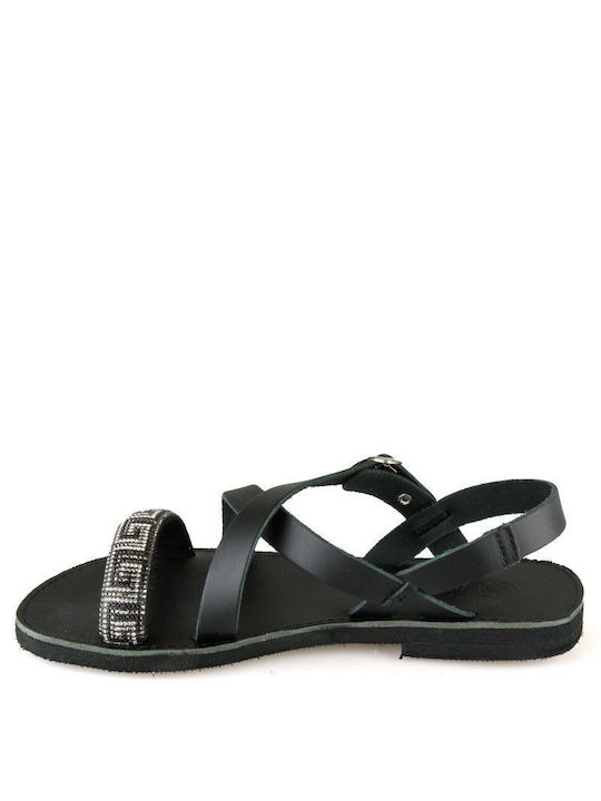 Black Leather Handmade Flat Sandal with Strass