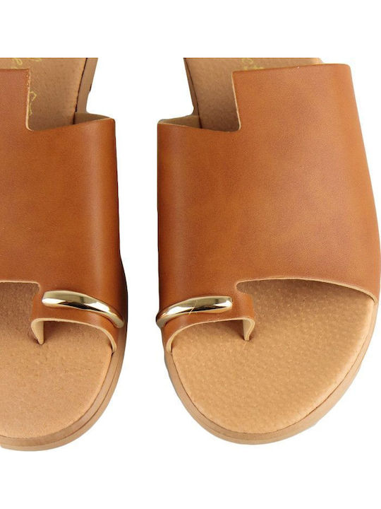 Camel Leather Flat Sandal Decorative