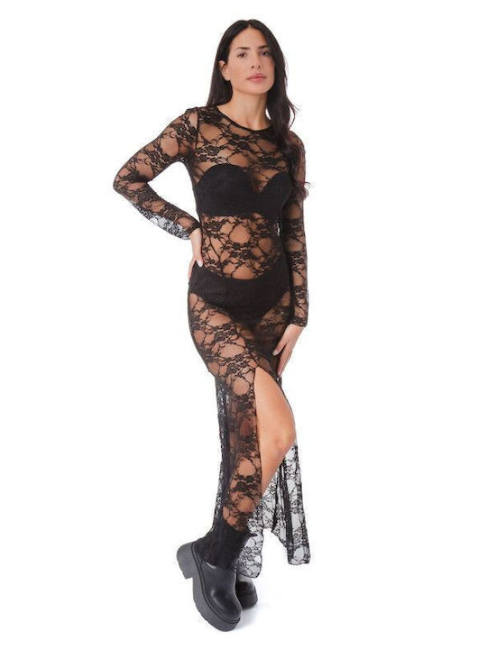 Sommer Maxi Abendkleid mit Spitze & Transparenz Schwarz