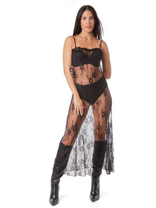 Schwarzes Spitzen-Midikleid ohne Ärmel