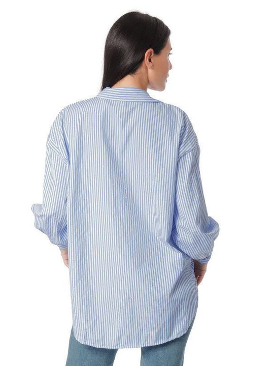 Light Blue Asymmetric Striped Shirt with Strass