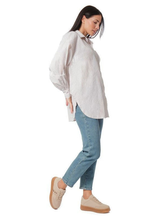 Beige Asymmetrical Striped Shirt with Strass