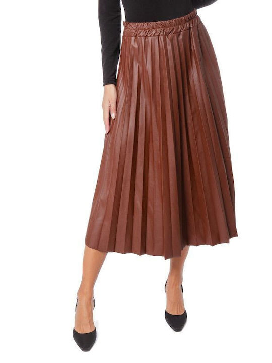 Brown Matte Pleated Midi Skirt