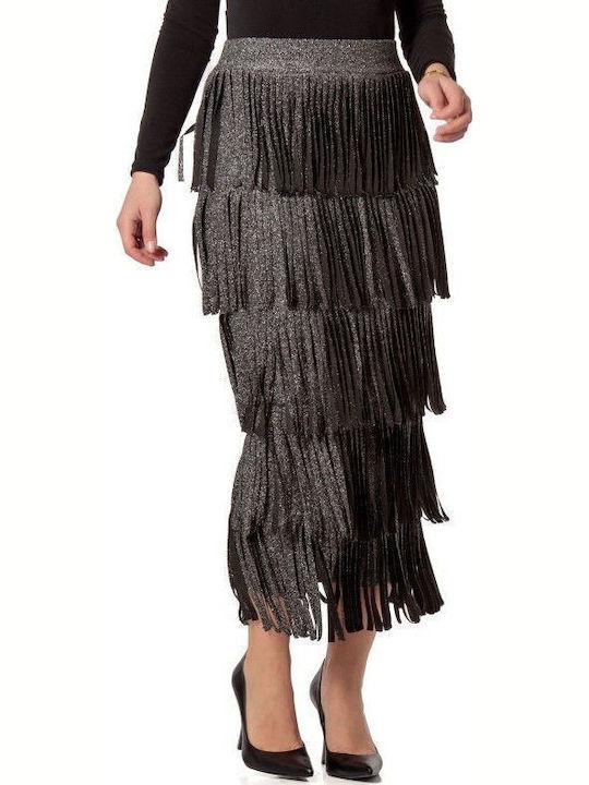 Silberne Glitzernde Midi-Fransenrock