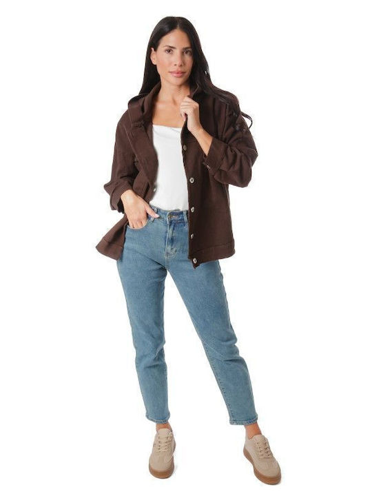 Women's Short Jean Jacket for Spring or Autumn with Hood Brown