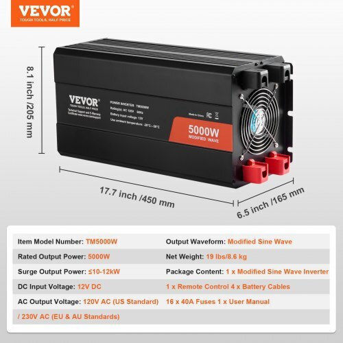 Vevor Inverter Αυτοκινήτου Τροποποιημένου Ημιτόνου 5000W για Μετατροπή 12V DC σε 230V AC