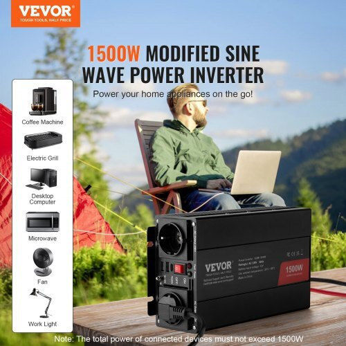 Vevor Inverter Αυτοκινήτου Τροποποιημένου Ημιτόνου 1500W για Μετατροπή 12V DC σε 230V AC