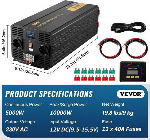 Vevor Inverter für Autos Reine Sinuswelle 5000W zur Umwandlung von 12V DC in 230V AC