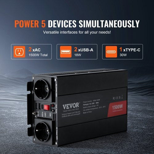 Vevor Inverter Αυτοκινήτου Τροποποιημένου Ημιτόνου 1500W για Μετατροπή 12V DC σε 230V AC