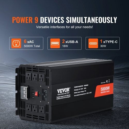 Vevor Inverter Αυτοκινήτου Τροποποιημένου Ημιτόνου 5000W για Μετατροπή 12V DC σε 230V AC