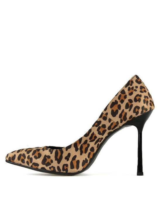 Silia D Suede Pointed Toe Brown Heels Animal Print