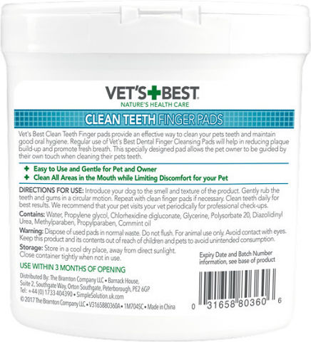 Vet's Best Clean Teeth Finger Pads Οδοντικό Σκύλου Μαντηλάκια Καθαρισμού Δοντιών Σκύλου 50τμχ