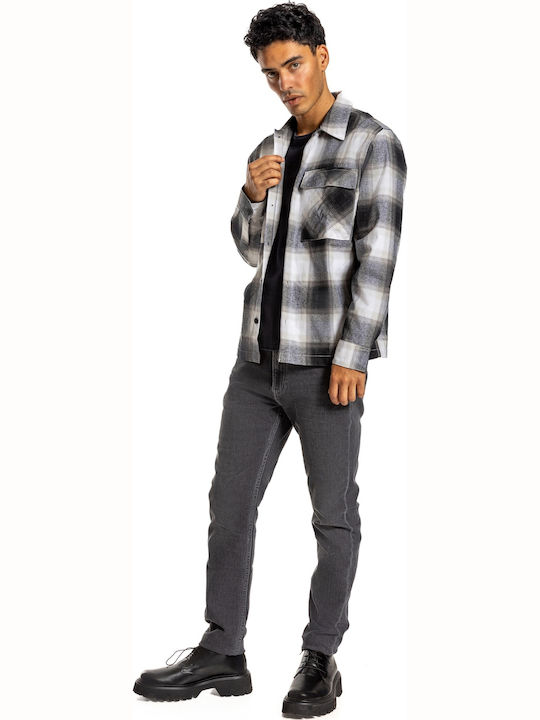 Long Sleeve Cotton Shirt Narrow Fit Checked White