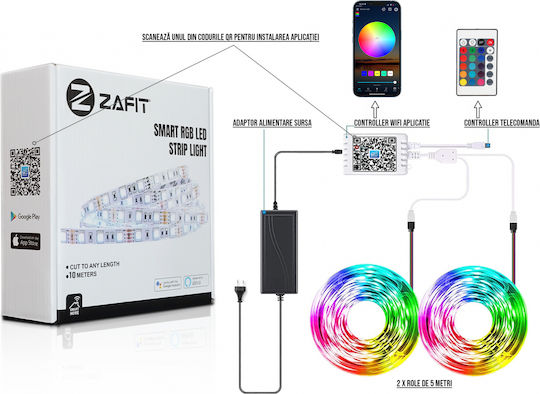 Zafit Rezistent la apă Inteligent Bandă LED Wi-Fi RGB Lumină 10m cu Telecomandă