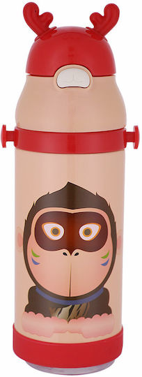 Estia Animals Kids Water Bottle Thermos Stainless Steel with Straw Gorilla Red 350ml