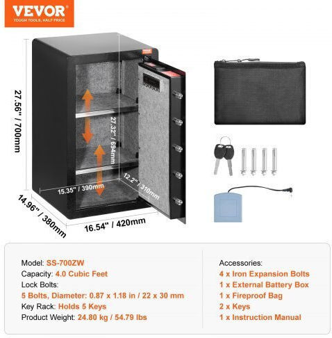 Vevor Tresor mit digitalem Schloss Abmessungen H70xB42xH38cm mit Gewicht 24.8kg DMBXXLS3139C2FQ89V9