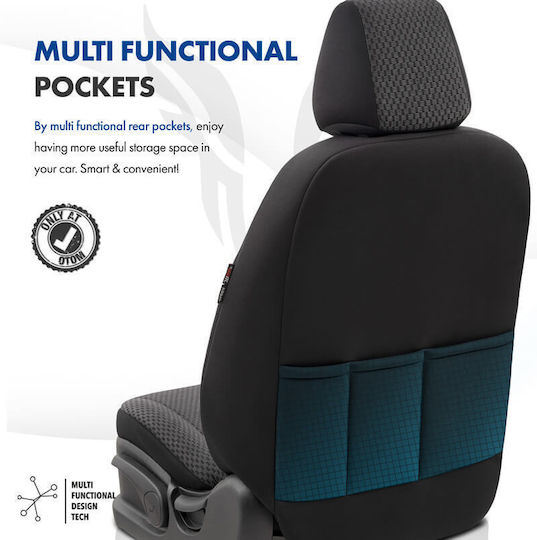 Otom Toro Design Universal Car Seat Covers Cotton Fabric Leatherette Set Front Rear 11 Pieces Black Blue Tro-903