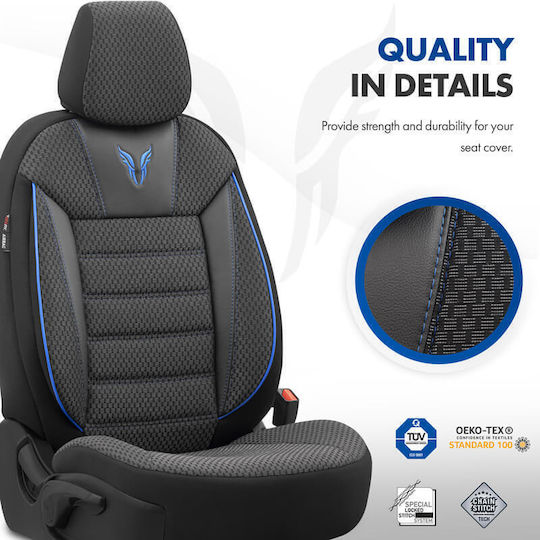 Otom Toro Design Universal Car Seat Covers Cotton Fabric Leatherette Set Front Rear 11 Pieces Black Blue Tro-903