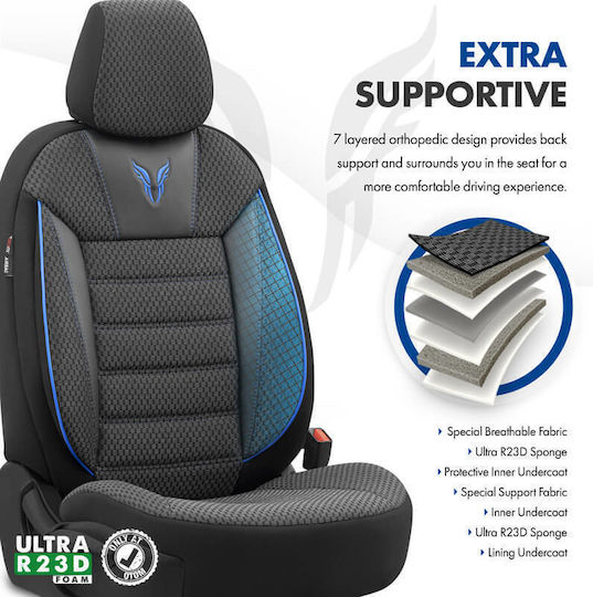 Otom Toro Design Universal Car Seat Covers Cotton Fabric Leatherette Set Front Rear 11 Pieces Black Blue Tro-903