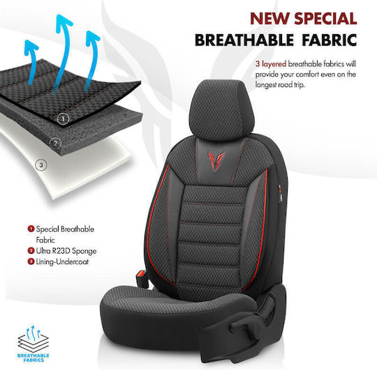 Otom Toro Design Universal Car Seat Covers Cotton Fabric Leatherette Front and Rear Set 11 Pieces Black Red Tro-901