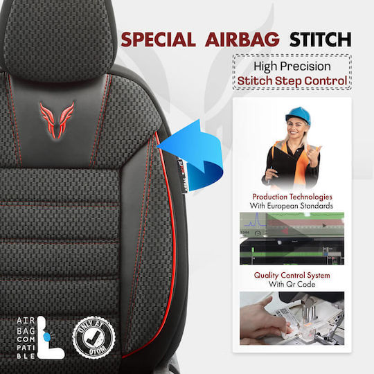 Otom Toro Design Universal Car Seat Covers Cotton Fabric Leatherette Front and Rear Set 11 Pieces Black Red Tro-901