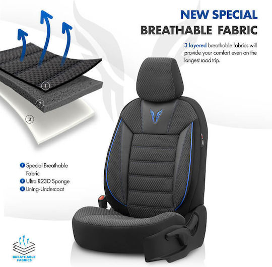 Otom Toro Design Universal Car Seat Covers Cotton Fabric Leatherette Set Front Rear 11 Pieces Black Blue Tro-903