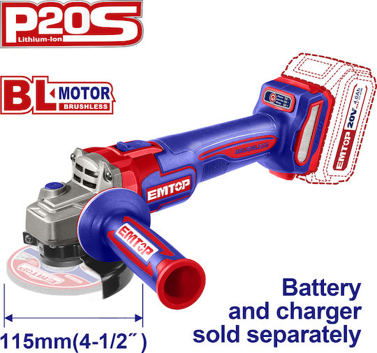 Emtop ELAG21154 Τροχός 115mm Μπαταρίας Brushless με Ρύθμιση Στροφών 20V Solo