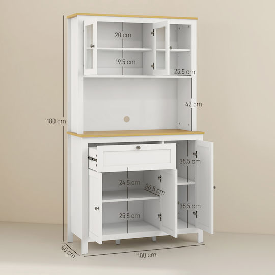Dulap de Bucătărie Homcom cu Sertare, Rafturi Deschise, Rafturi Reglabile, Lemn 100x40x180 cm Alb 83a-010v80wt