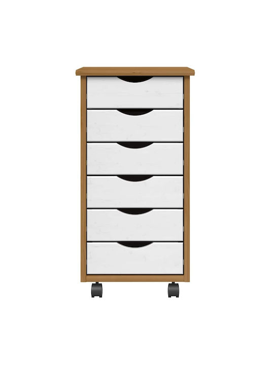 Vidaxl Rolling Cabinet with Drawers Moss Honey Brown Solid Pine Wood 34x39x65.5cm 1 Piece Brown