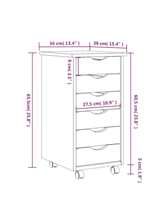 Vidaxl Rolling Cabinet with Drawers Moss Honey Brown Solid Pine Wood 34x39x65.5cm 1 Piece Brown
