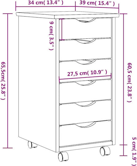 Vidaxl Rolling Cabinet with Drawers Moss Honey Brown Solid Pine Wood 34x39x65.5cm 1 Piece Brown