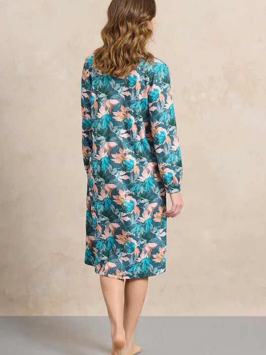 Jeannette Petrol Print Classic Nightdress Placket 7931