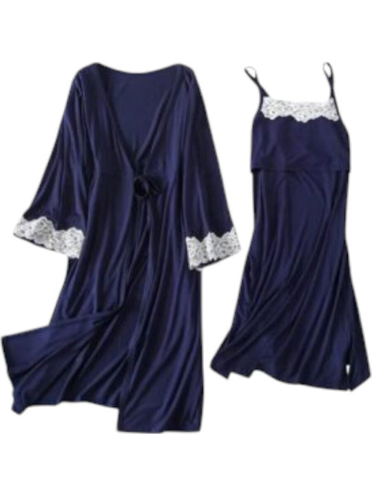 Navy Blue Σετ Εγκυμοσύνης Θηλασμού 2 Τμχ Νυχτικό-ρόμπα Queen Mother
