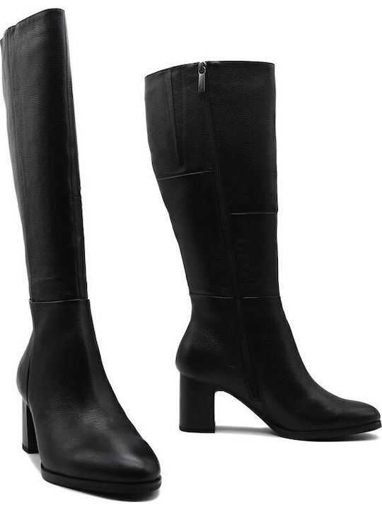 Leder Damenstiefel mit mittlerem Absatz Schwarz