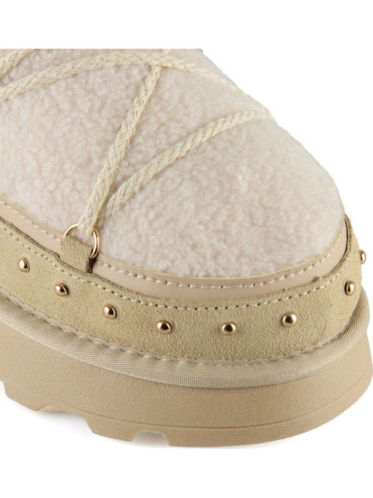 Leather Women's Ankle Boots with Fur Beige