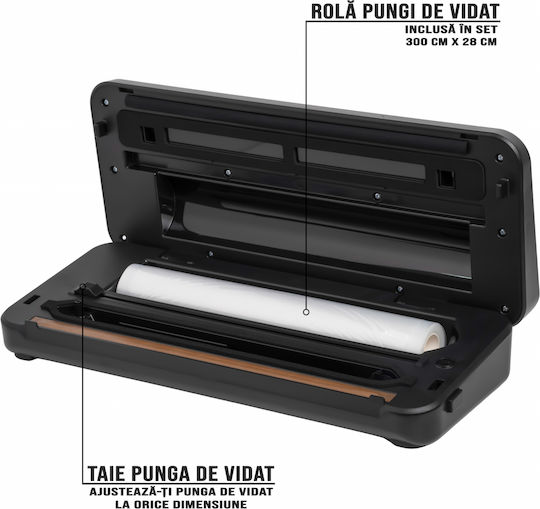 Zafit Vid-110 Pro+ Sigilatoare cu Vid pentru Alimente Lungimea de Sigilare 30 Cm Roll de 300 Cm x 28 Cm Recipient pentru Sticle Tub de Vid Negru Oțel Inoxidabil