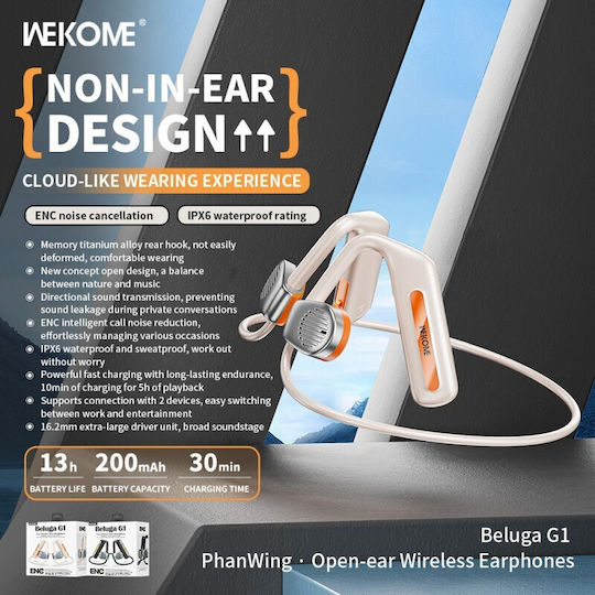 WK Beluga G1 Open Ear Bluetooth Handsfree Ακουστικά με Αντοχή στον Ιδρώτα και Θήκη Φόρτισης Μαύρα