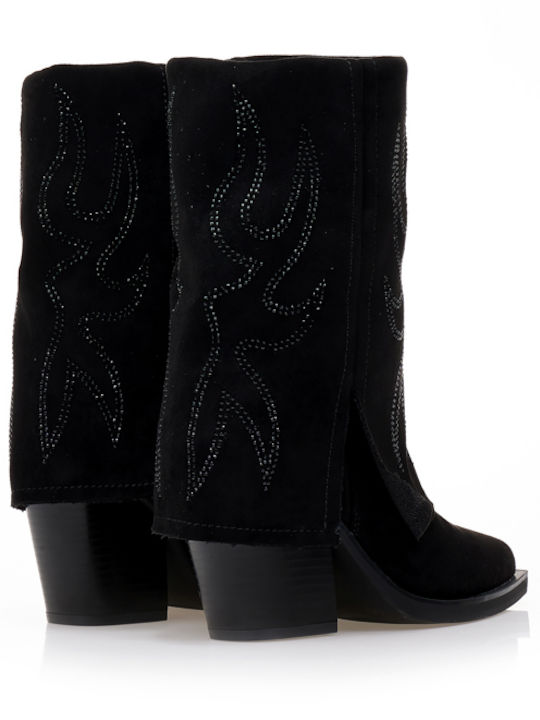 Ghete Dama Negre De Catifea Cowboy Fald Rabatabil Design Stras