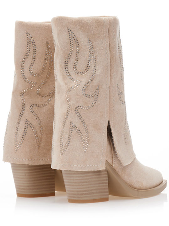Beige Wildleder-Cowboy-Stiefeletten mit umklappbarem Riemen und Strass-Design