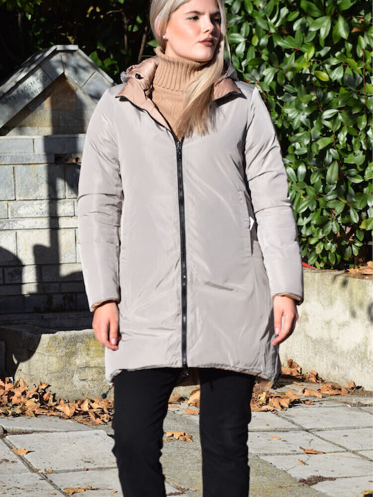 Women's Long Lifestyle Jacket Double Sided Windproof for Spring or Autumn with Detachable Hood Mocha Metallic