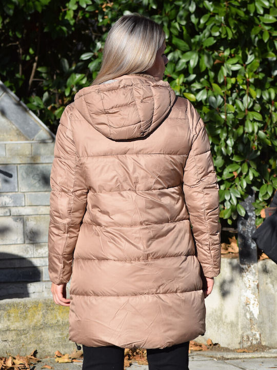 Women's Long Lifestyle Jacket Double Sided Windproof for Spring or Autumn with Detachable Hood Mocha Metallic