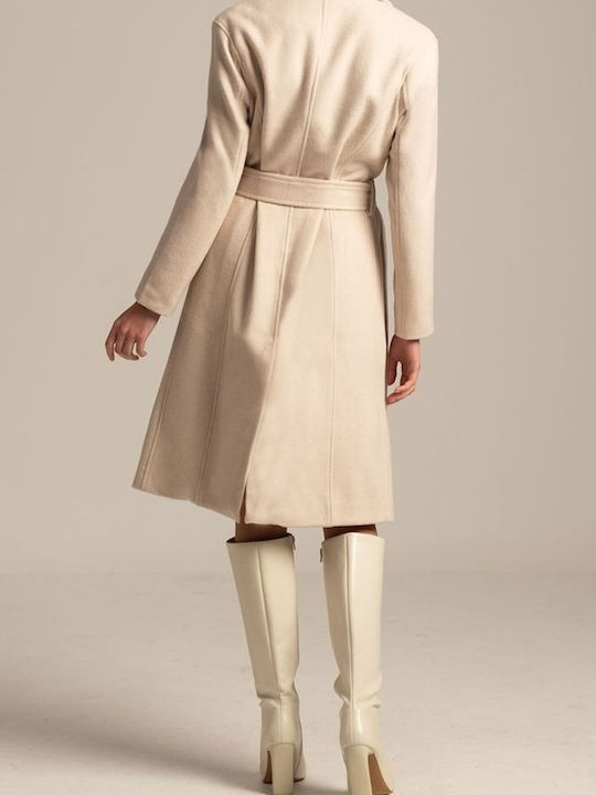 Mind Matter Women's Wool Long Coat with Belt beige