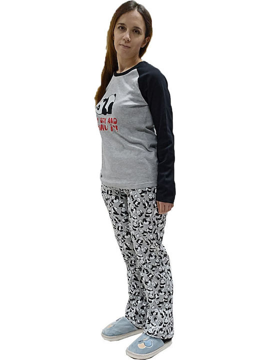 Apple Γυναικεία Πυτζάμα Panda Βαμβάκι Normal Fit Γκρί Apple Γυναικεία Πυτζάμα Panda Βαμβάκι Normal Fit Γκρί