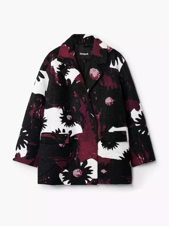 Winter Daisies Women's Black Coat with Buttons