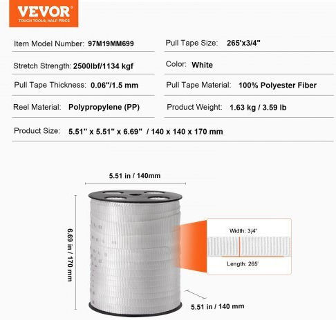 Ταινία Έλξης Vevor 3/4" X 265' 2500 Lbf Λευκή Dlldb97m19mm6991wv0