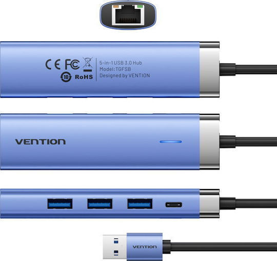 Vention Hub 5 Θυρών USB 3.0 με σύνδεση USB-C / Ethernet Μπλε
