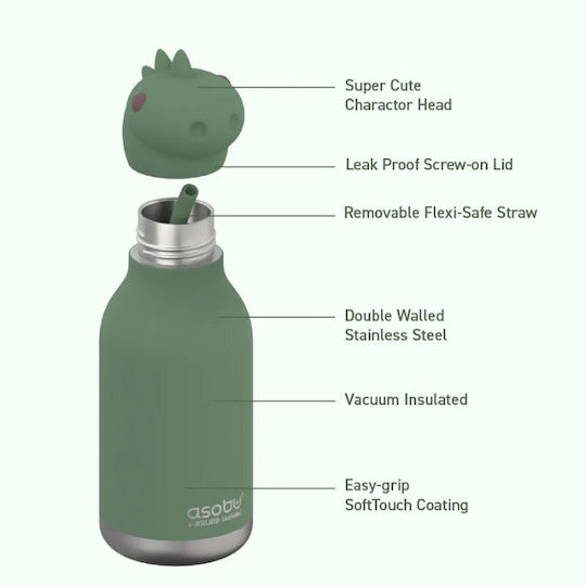 Asobu Kids Water Bottle Thermos Dinosaur Stainless Steel with Straw Dinosaur 460ml