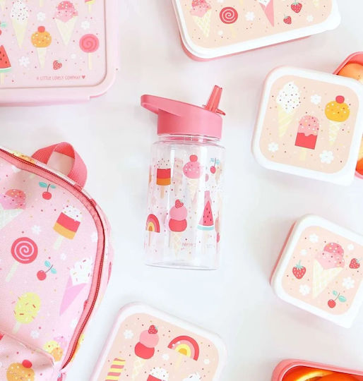 A Little Lovely Company Kids Water Bottle Plastic with Straw Pink 450ml (Various Designs/Colours)